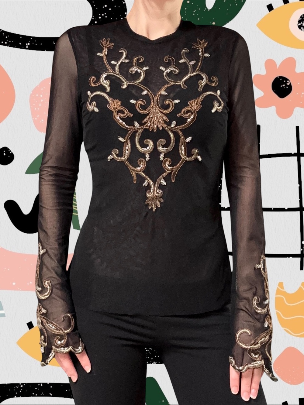 Cache | Vintage Y2K Scroll Embroidered Black Mesh Long Sleeve Top